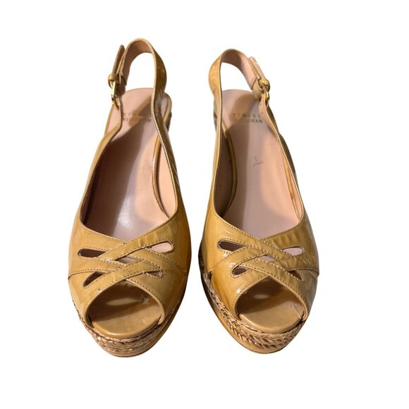 Stuart Weitzman Patent Leather Slingback Wedge Sandals Size 7M Tan - Picture 2 of 7